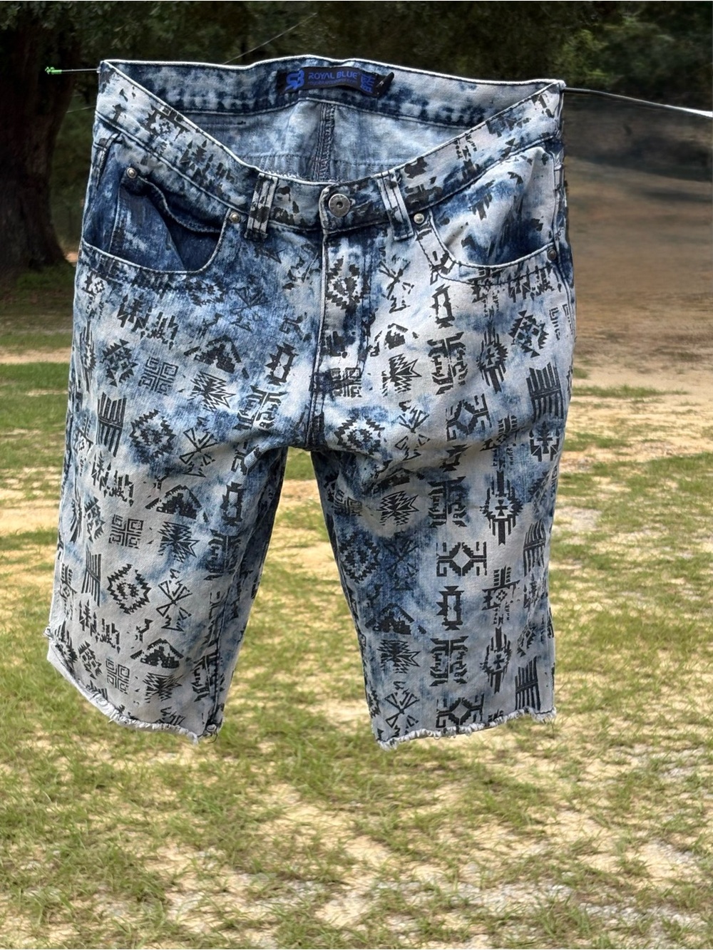 Men's Printed Blue Denim Jean Shorts - Aztec Motif